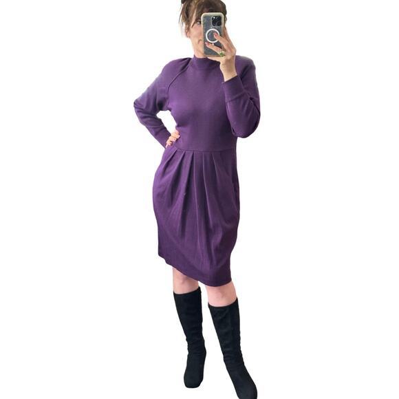 Vintage Liz Claiborne Purple Wool Blend Pleated Dress With Pockets - Picture 1 of 6